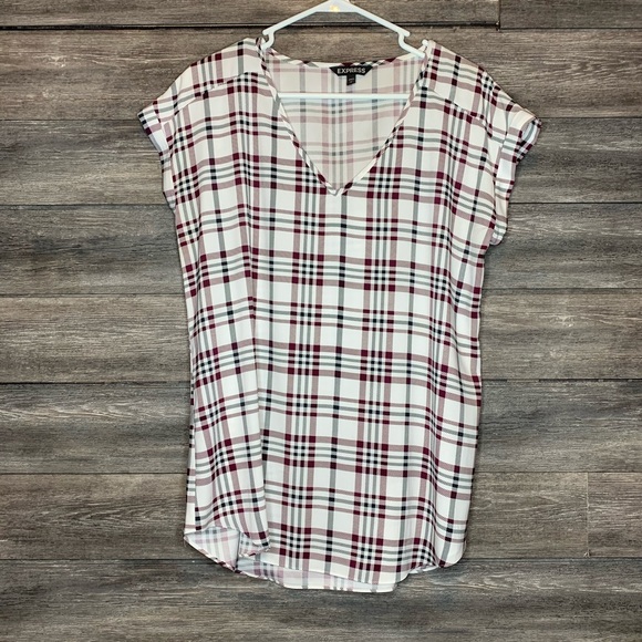 Express Tops - Express Plaid Cropped Sleeve Blouse